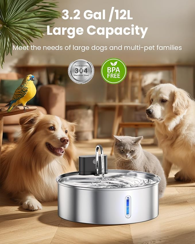 Wireless Dog Water Fountain for Large Dogs, 12L/3.2Gal Stainless Steel Dog Fountain Water Bowl with Sensor, Quiet Pump BPA-Free Automatic Water Dispenser for Cats Dogs Pets
