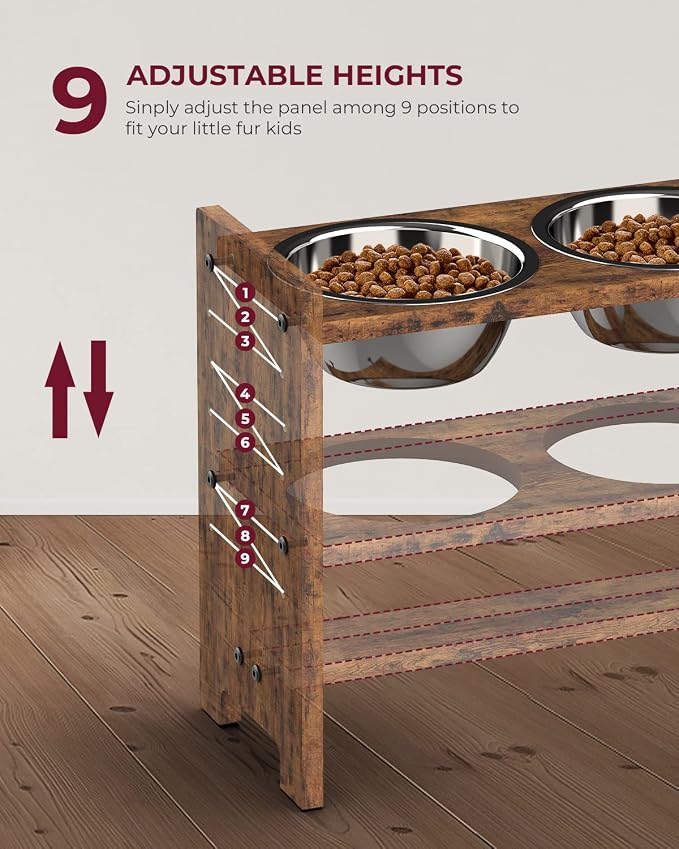 Vantic Elevated Dog Bowls, Adjustable Bowl Stand Medium, Rustic Brown | Particle Board Raised Dog Bowl Stand with 2 Stainless Steel Bowls for Medium Dogs
