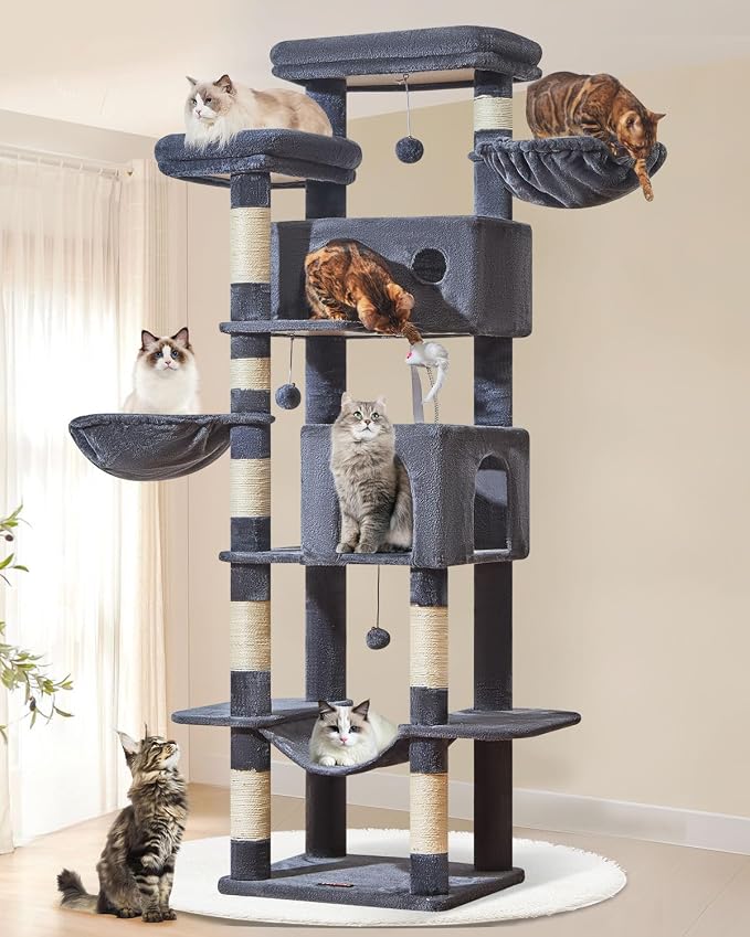 Taoqimiao 76in Cat Tree, Tall Sturdy Cat Tower for Large Indoor Cats MS046G | Easy assembly, Sturdy, Multi Level, Easy Clean, Cozy Condo, Perches, Baskets, Suitable for Kittens and Adult Cats