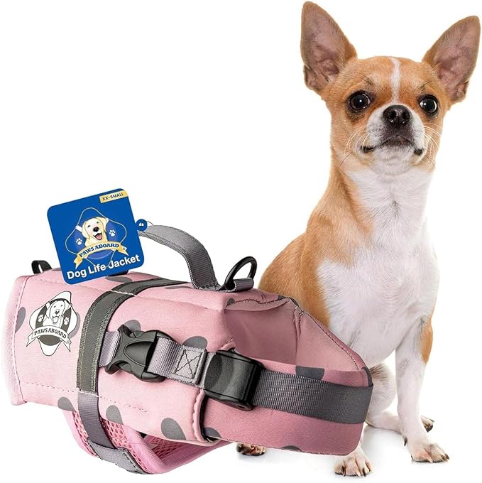 Dog Life Jacket — Premium Swim Vest with SafeChin Anti-Choke Collar | PAWS Aboard Pink | RapidLift Rescue Handle, D-Ring, Reflective Trim | Boating, Kayaking, Pool | XX-Small (Under 6 lbs)