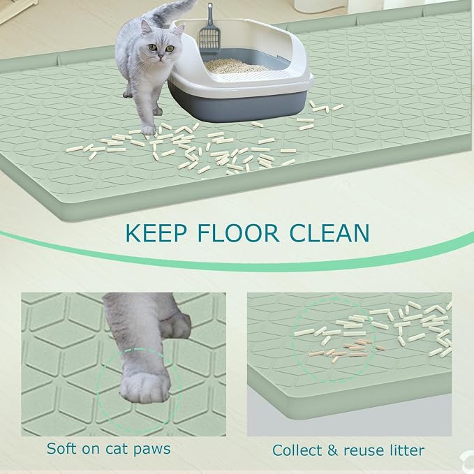 Cat Litter Mat, Silicone Large Cat Mat for Litter Box - 34x22 in, Waterproof & Non-Slip, Durable & Easy Clean, Green