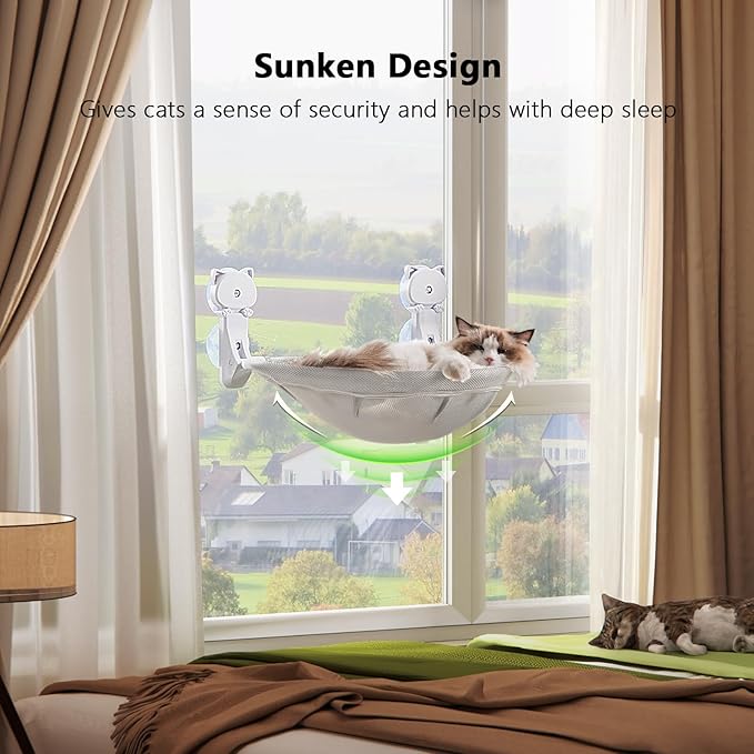 Cat Window Perch Cordless, Glow in The Dark & Stable Cat Beds- Breathable Window Hammock for Overlooking, Sunbathing and Climbing - Maximum Hold Up to 40lb(Light Grey)