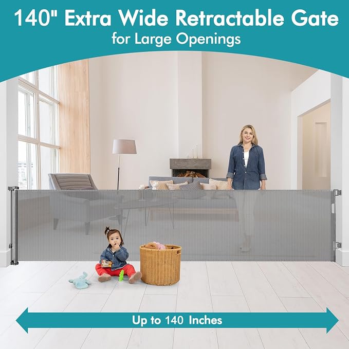 140" Extra Wide Retractable Baby Gate Extra Long Dog Gate Indoor Outdoor | Retractable Fence for Large Openings, Garage Dog Gate, Space-Saving, Easy to Use, Safety Lock, Sturdy Mesh, Easy Install/Gray