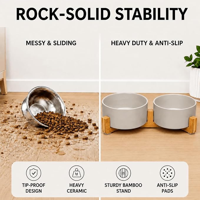 SPUNKYJUNKY Ceramic Dog and Cat Bowl with Wood Stand Non-Slip Matte Glaze Weighted Food Water Set for Cat Medium Dog 28.7 OZ