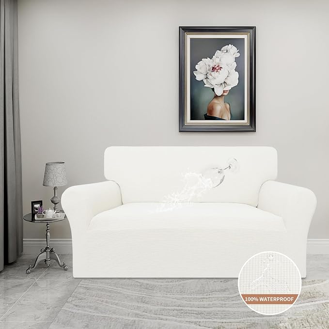 Easy-Going 100% Waterproof Oversized Loveseat Cover, Couch Cover for Sofa | Dual Waterproof Sofa Cover, Stretch Jacquard Sofa Slipcover, Leakproof Furniture Protector for Kids Pets Dog, Cream