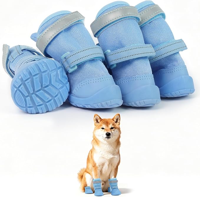 Breathable Hot Pavement Dog Shoes for Small & Medium Dogs(Blue, 4# | Adjustable Double Strap and Non-Slip Dog Boots Paw Protectors for Walking Running Hiking, Soft Comfortable Safe Easy to Wear