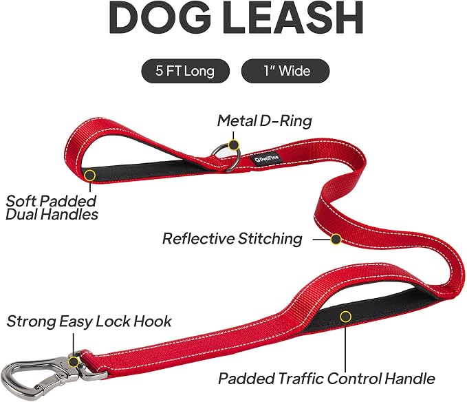 PetiFine 5FT Heavy Duty Dog Leash with Soft Padded Double Handle | Traffic Handle Extra Control,Auto Lock Hook,Reflective Nylon Walking Lead for Large,Medium,Small Breed Dogs