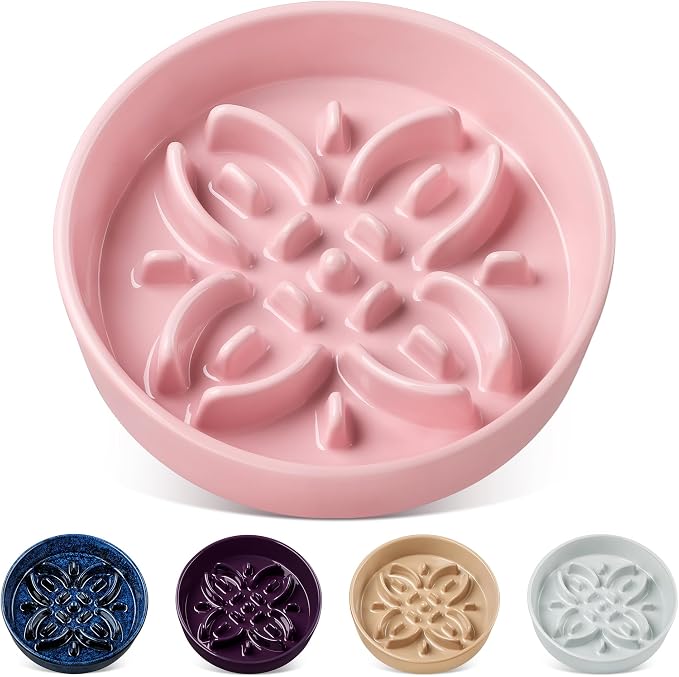 vancasso Ceramic Slow Feeder Dog Bowls, Puzzle Dog Food Bowls with Floral Maze, Anti -Slip Pet Food Dish for Medium Breed, 1.5 Cups, Pink