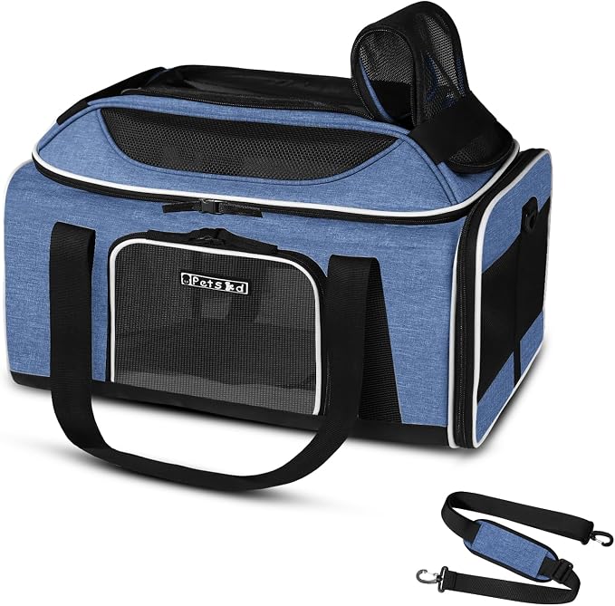 Petskd Top-Expandable Small Pet Carrier 17"x12"x8.5" Airline Approved | for JetBlue/Frontier/Spirit Airlines, Lockable Safety Zippers and Anti-Scratch Mesh, Soft-Sided, Pets Under 8 Lbs, Blue