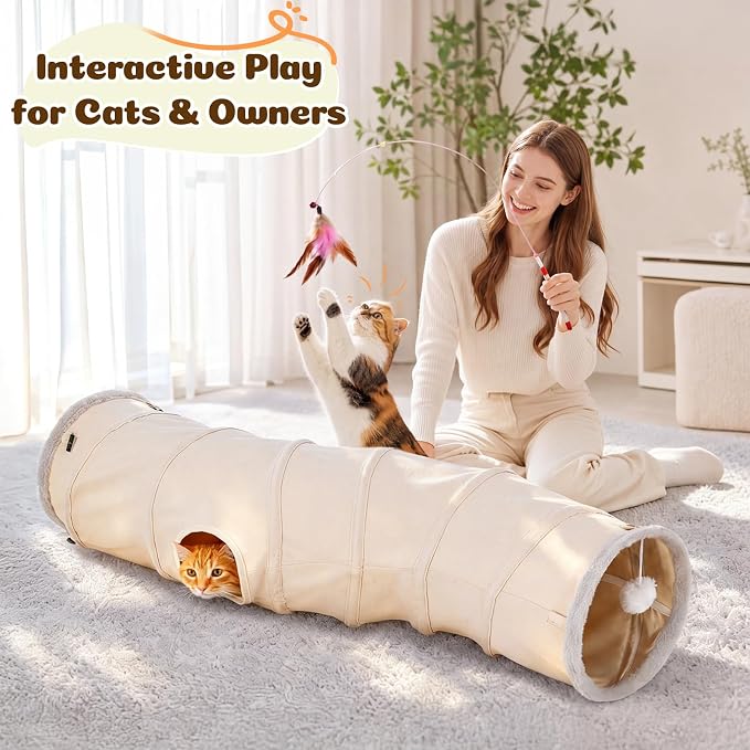 Ownpets S-Shape Cat Tunnel Toy 48"L x 10"D, for Cats, Puppies & Small Pets | Collapsible for storage, tear-resistant oxford fabric, connects to other tunnel, with peek hole, feather wand, indoor/outdoor
