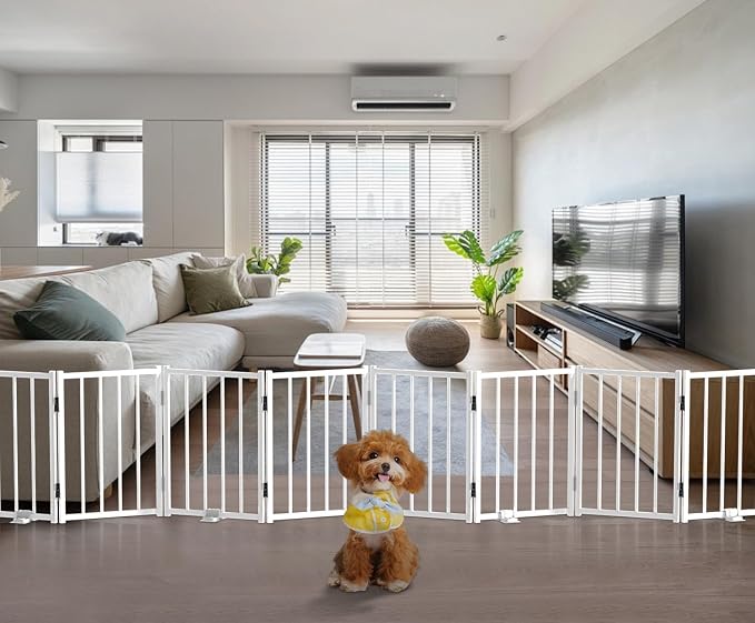 BFNN Small Dog Gate Indoor, Up to 96" W Freestanding Pet/Puppy Fence, White | Flexible Space Control | Chewproof Steel Frame | 16.5" Step-Over Gate | Foldable | Drill-Free Setup | For Stairs & Doorways