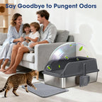 Stainless Steel Cat Litter Box with Lid, Enclosed Litter Boxes XL High Sided for Kitty Big Cat and Multiple Cats, Anti-Urine Leakage | Non-Stick & Includes Cat Mat and Scoop
