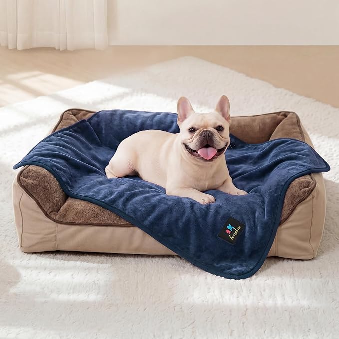 Luciphia Waterproof Pet Blanket, Washable Reversible Sherpa Fleece Throw | Liquid-proof furniture protector for bed and couch, soft reversible sherpa fleece for dogs, cats blue, S