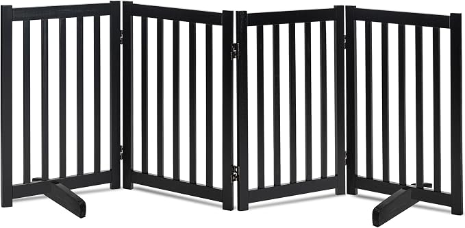 LZRS Wooden Free Standing Dog Gate 80" W x 30" H, Foldable Solid Hardwood Pet Safety Fence for House Doorways, Stairs, Hallways, Step-Over Pet Barrier, No Drill Easy Setup, Black