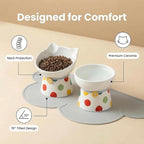 Elevated Ceramic Cat Bowls, 15°Raised Cat Food Bowl,Whisker Friendly Anti Vomiting Cats Dishes,Anti Vomiting&Protect Pet's Spine,Feeder Dish for Indoor Kitty and Small Dogs (Polka dot Tall cat Bowl)