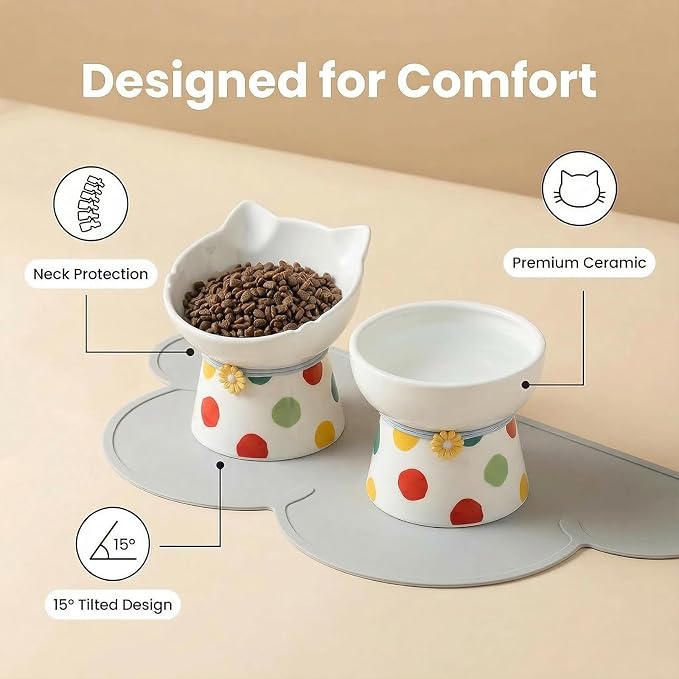 Elevated Ceramic Cat Bowls, 15°Raised Cat Food Bowl,Whisker Friendly Anti Vomiting Cats Dishes,Anti Vomiting&Protect Pet's Spine,Feeder Dish for Indoor Kitty and Small Dogs (Polka dot Tall cat Bowl)