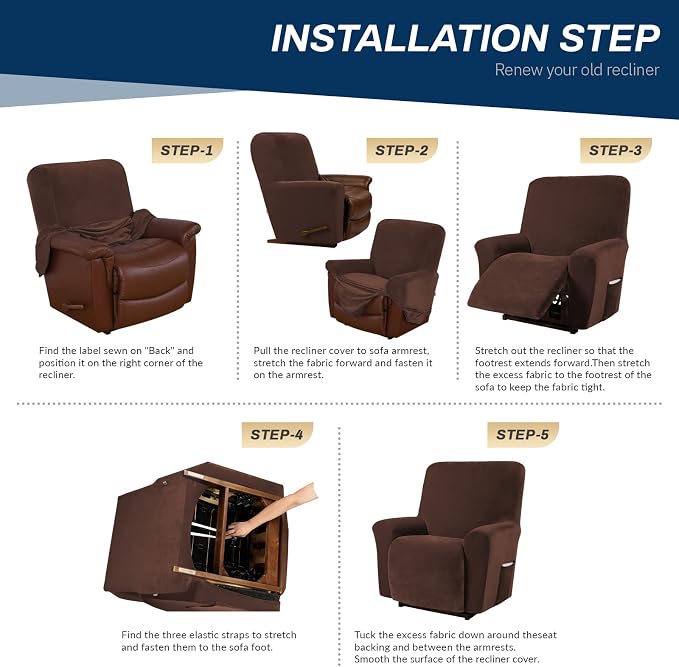 Asnomy Stretch Recliner Chair Covers with Pockets 1-Piece（Chocolate） | Velvet Washable Elastic Luxury Plush Reclining Furniture Protector for Dogs Cats or Lazy Boy Recliner Covers