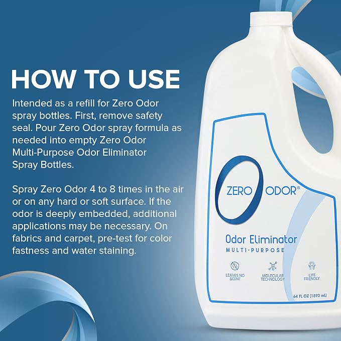 Zero Odor Multi-Purpose Odor Eliminator, Fabric & Room Deodorizer, 2-Pack | Refill Bottle, Odor Eliminator for Hotel, Bathroom, Basement, Trash & Upholstery - Sprayer not Included, 64 OZ Each