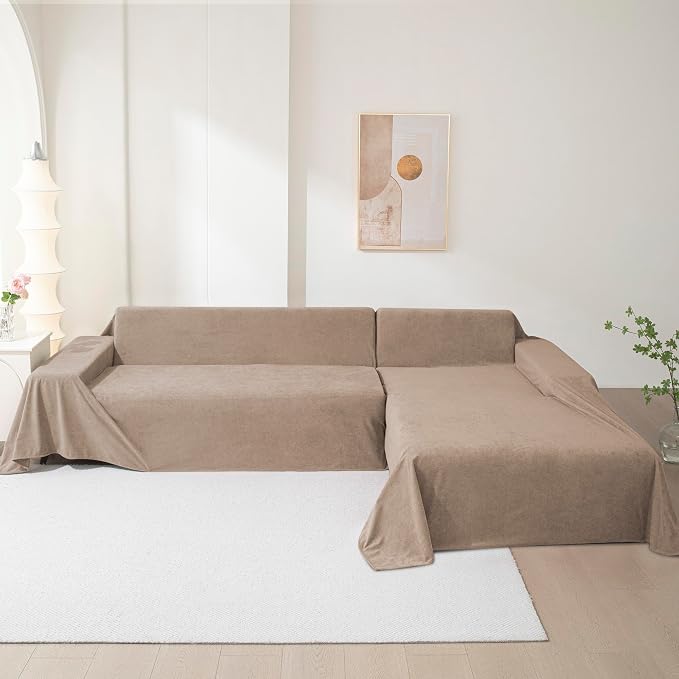 Couch Cover for 3 Cushion Sofa, Cat Scratch Proof Couch Protector Washable Sofa Covers Sectional Couch Covers for Dogs Soft L Shape Sofa Slipcover for Pets Kids, 91" x134”, Khaki