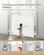 Extra Wide Retractable Baby Gate 71" Wide Fits Large Opening White | Extra Long Mesh Baby & Pet Gate with Anti-Crawling Hook, Safety Lock, No Bottom Bar for Hallway, Open Spaces & Indoor/Outdoor