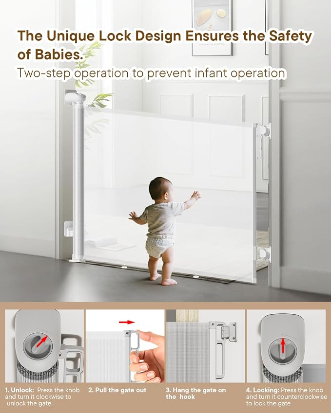 Extra Wide Retractable Baby Gate 71" Wide Fits Large Opening White | Extra Long Mesh Baby & Pet Gate with Anti-Crawling Hook, Safety Lock, No Bottom Bar for Hallway, Open Spaces & Indoor/Outdoor