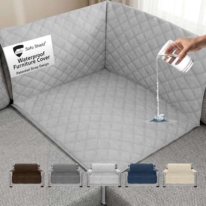 Sofa Shield 100% Waterproof Couch Cover with Patented Straps, Slip & Stain Resistant, Machine Washable Sofa Slipcover for Dogs Cats Pets Kids, 30x30 inch Seat, Sectional Corner, Light Gray