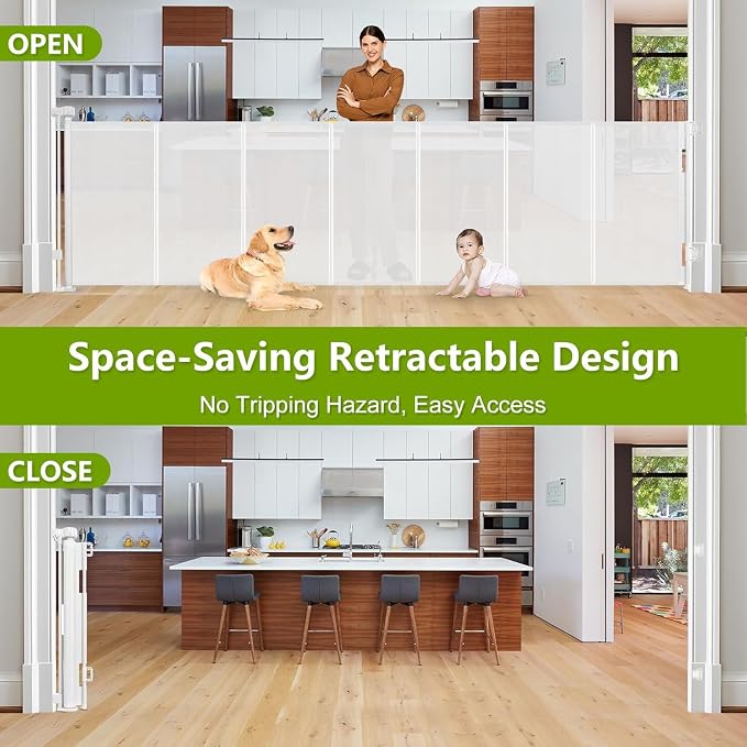 Reinforced 42" Tall Dog Gate 195" Extra Wide Retractable Baby Gate, White | Indoor Tall Pet Gate, Outdoor Retractable Gate, Space-Saving, Easy to Use, Safety Lock, Scratch-Resistant Mesh, Easy Install