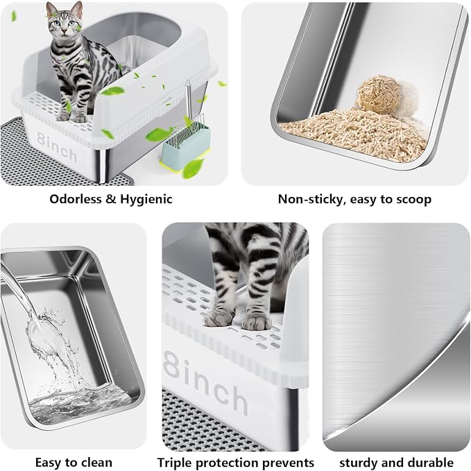 Stainless Steel XXL Cat Litter Box for Big Cats- Metal Extra Large Litter Box with Lid, Include Metal Litter Scoop,Mat. High Sided with Guard Prevent Splashing. No Smell, Always New After Clean.