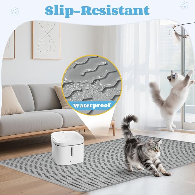 Cat Litter Mat, 47x35in Extra Large Litter Trapping Mat, Grey | XXL Cat Mat Fits 2-4 Litter Boxes, Silicone Litter Trapping Mat, Waterproof Raised Edges, Non-Slip Bottom, Easy Clean