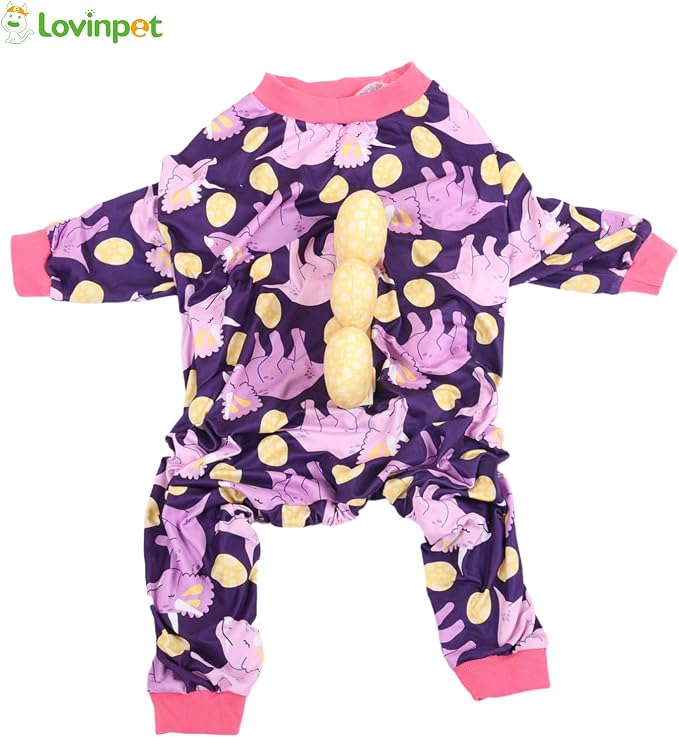 LovinPet Large Dog Pajamas, Four-Leg Stretch Onesie Bodysuit, Lightweight UV-Shielding Pajamas, Anti-Lick Calming Recovery Suit for Surgery, 3D Dino Egg Spikes, Easy on/Off， Purple， XL