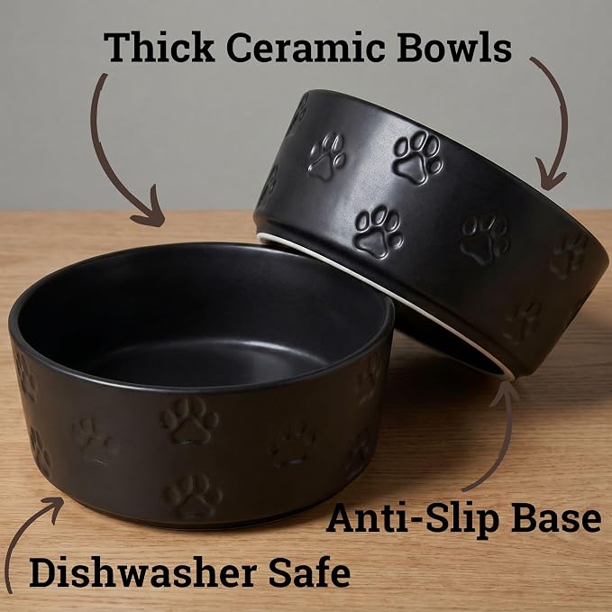 Ceramic Dog Bowl Set of 2 with Anti-Skid Base 7.5" W x 3" H, 6 Cup Capacity | Thick Ceramic, Dishwasher Safe, Anti-Skid Rubber Base, 6 Cups per Bowl, Ceramic Food & Water Bowls Set of 2 for Large Dogs