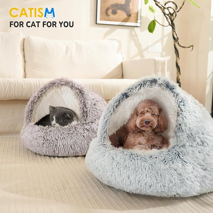 CATISM Cat Bed Hooded Cat Beds for Indoor Cats or Small Dogs | Warm Soft Plush Comfortable Removable Washable with Non-Slip Bottom