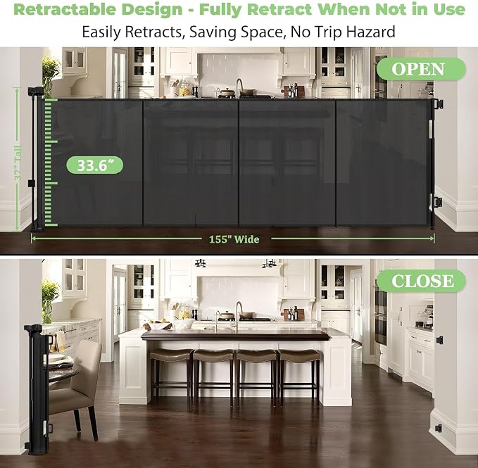 Reinforced 155" Extra Wide Baby Gate Retractable Dog Gate, Indoor/Outdoor | Retractable Fence for Large Openings, Space-Saving, Easy to Use, Scratch-Resistant Mesh, Safety Lock, Easy Install, Black