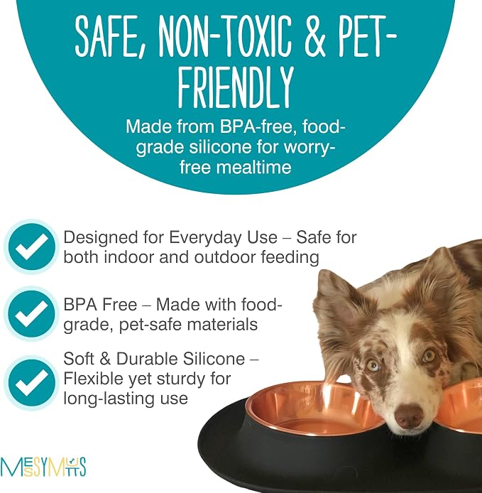 Messy Mutts Double Silicone Dog Feeder, Stainless Bowls, Medium, Copper | Non-Slip Silicone Double Dog Feeder With Two Removable Stainless Steel Bowls For Food And Water