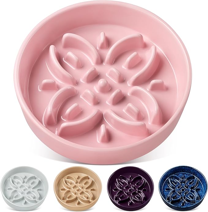 vancasso Ceramic Slow Feeder Dog Bowls, Puzzle Dog Food Bowls with Floral Maze, Anti -Slip Pet Food Dish for Large Breed, 3 Cups, Pink