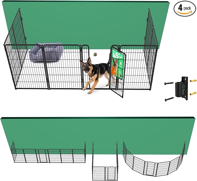 FXW Homeplus Indoor Dog Playpen with Fence-to-Wall Anchors, 45" H, 8 Panels | Calm Indoor Play Area, 4 Wall Anchors for Flexible Boundaries, for Large Dogs, Patented