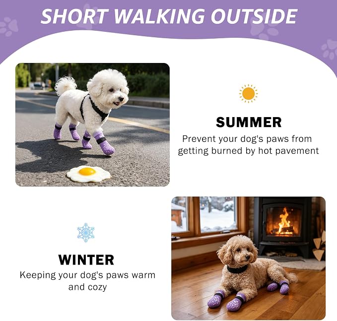 SCENEREAL Anti Slip Dog Socks to Prevent Licking Paws for Hot/Cold Pavement, Paw Protector Traction Control on Hardwood Floor, Dog Shoes Booties for Puppy Small Medium Large Senior Dogs, Purple S