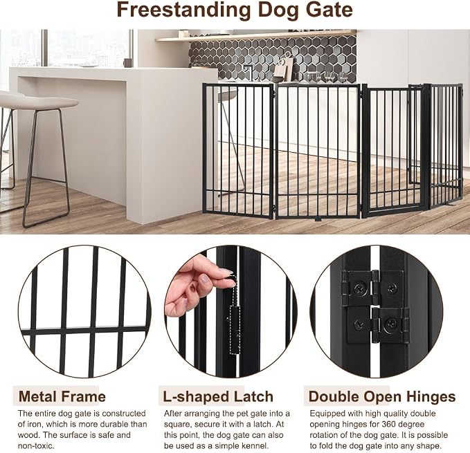 Metal Freestanding Dog Gate with Door, Extra Wide 121", 31" Height Foldable Dog Gates for Doorways, Tall Pet Fence Indoor Pet Gates, 6 Panels Pet Barrier for Stairs Hallways, Black