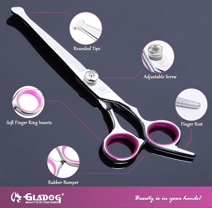 GLADOG Dog Grooming Scissors Kit with Safety Round Tips, Professional 6 in 1 Grooming Scissors for Dogs, Sharp and Heavy-duty Dog Grooming Shears for Dogs Cats Pets (Pink)