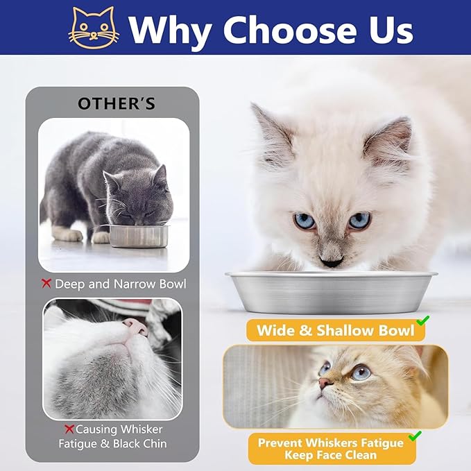 4-Pack 304 Stainless Steel Cat Food Bowls, Non-Slip Basic Dishes | Shallow Whisker-Friendly Silicone Water Metal Bowls, Easy to Clean Indoor Flat Plates for Cat, Kitten, Small Dog (5.9")