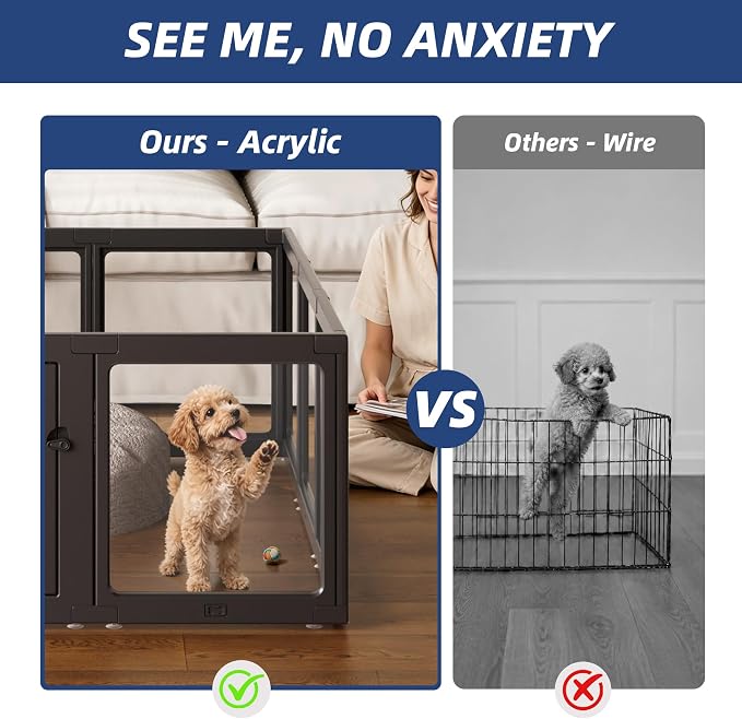 Clear Acrylic Dog Playpen Indoor, Puppy Cat Small Pet Play Pen, Pet Cat Playpen for Rabbits, Dog Fence Crate Kennel Whelping Cage (35", Black, 8 Panel)