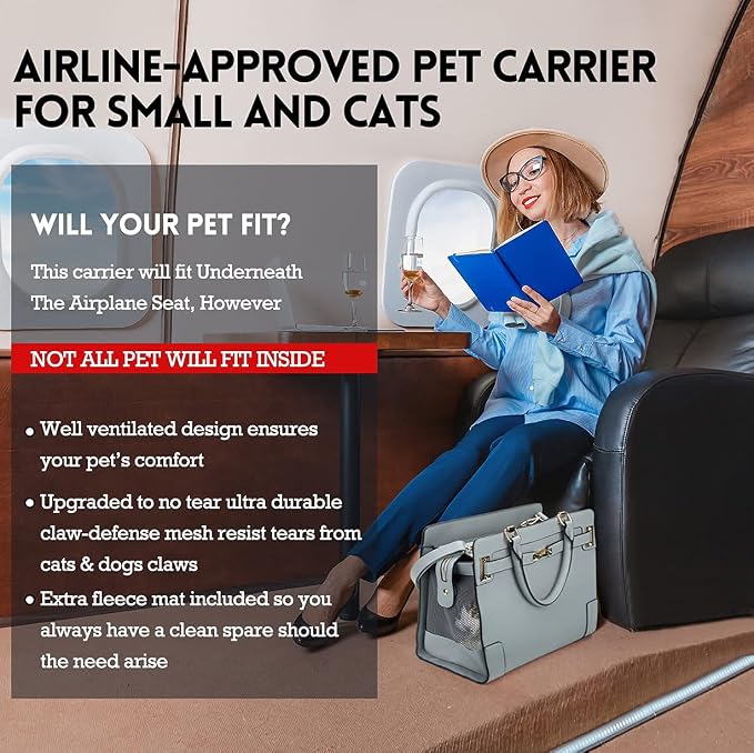 Fashion Pet Carrier Dog Cat Carrier Purse Soft-Sided Leather Handbag Pet Tote Bag for Small Dogs Puppy and Cats TSA Airline Approved (Grey)