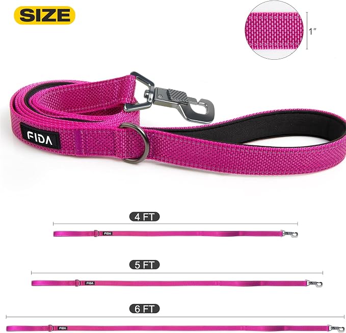 Fida 5 FT Heavy Duty Dog Leash with 2 Comfortable Padded Handles, Traffic Handle & Advanced Easy Snap Hook, Reflective Walking Lead for Large, Medium & Small Breed Dogs, Rose