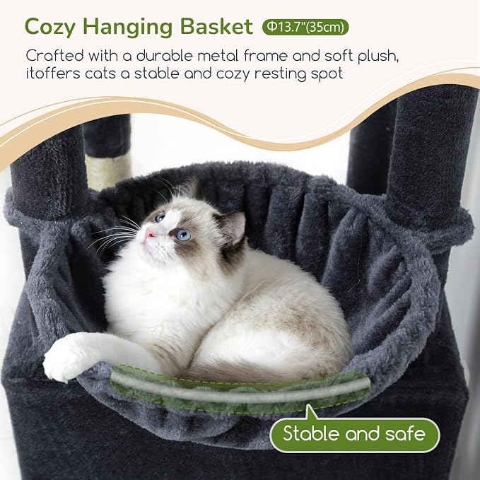 Globlazer F74D Cat Tree for Large Cats 20+ lbs, 74in Tall Tower, Dark Grey | Easy Assembly, Maine Coon, Large Cats, 2 Condos, Steel-Rim Basket Bowl, Plush Bed, 2 Perches, Sisal Posts, Anti-Topple Strap