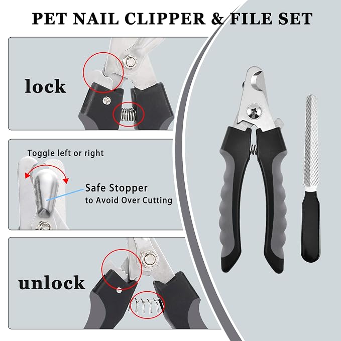 7PCS Dog Grooming Brush Kit for Shedding and Matted Fur, Self-Cleaning Slicker Brush with Undercoat Rake, Flea Comb for Long-Haired Pets, Grey