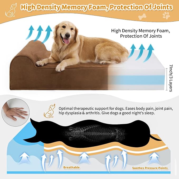 Rainmr Orthopedic Dog Beds for Large Dogs, 7" Memory Foam Dog Beds with Waterproof Liner, Durable Microsuede Cover, Removable and Washable, Nonskid Bottom, 60"x48"x7" XXL Chocolate