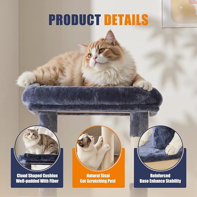 63 Inch Large Cat Tree Tower for Indoor Cats, Dark Grey | Multi-Level Tall Cat Tree Tower with Condo, Perch, Sisal Scratching Posts Board and Hammock, Dangling Balls