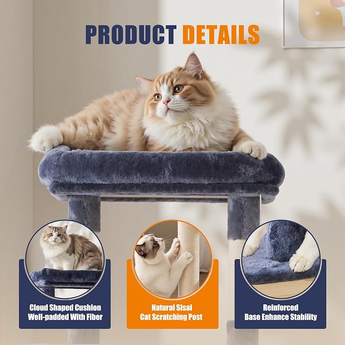 DUMOS Large 63in Cat Tree Tower with Scratching Posts, Dark Grey | Multi Level Cat Climbing Tower with Condo, Extended Platform, Hammock, Pet House for Indoor Cats and Kittens Play