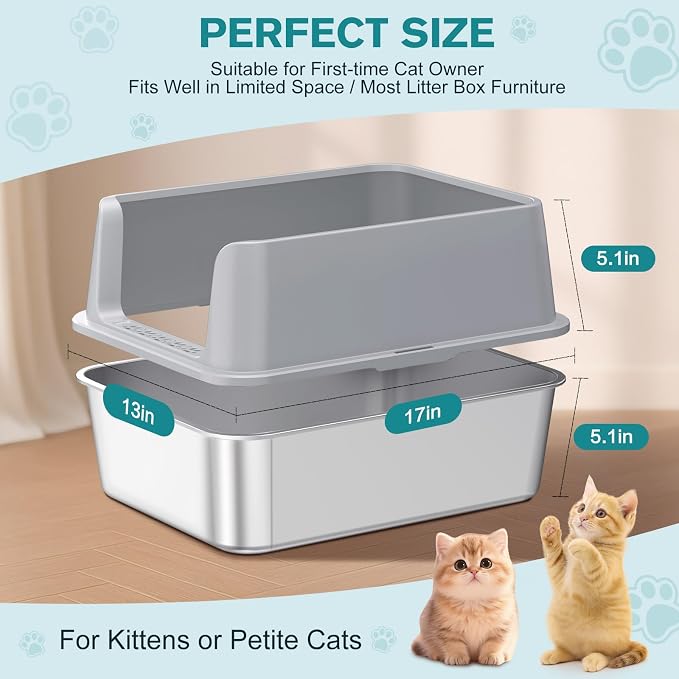 2PACK Stainless Steel Cat Litter Box, Metal Kitty Litter Box with High Sides for Small Cats,Kittens, Open Top Litter Boxes with Anti-Leak Lid,Odorless,Non-Sticky, Easy to Clean,Scoop Include,M