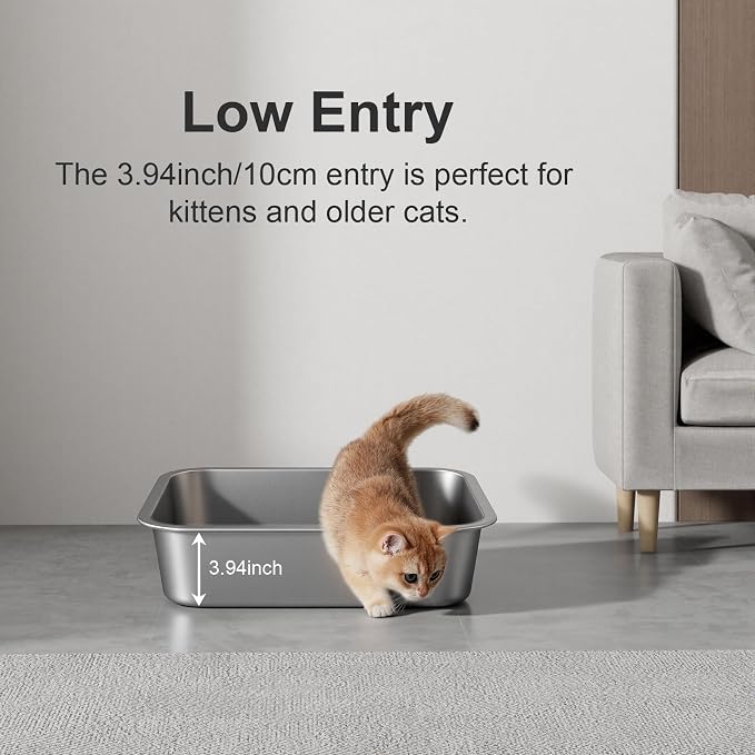 Large High Sided Stainless Steel Cat Litter Box | Sturdy Metal, Odor-free, Cat Litter Non-stick and Easy to Clean, Ideal for Indoor Cats, Kittens and Multicat Houses